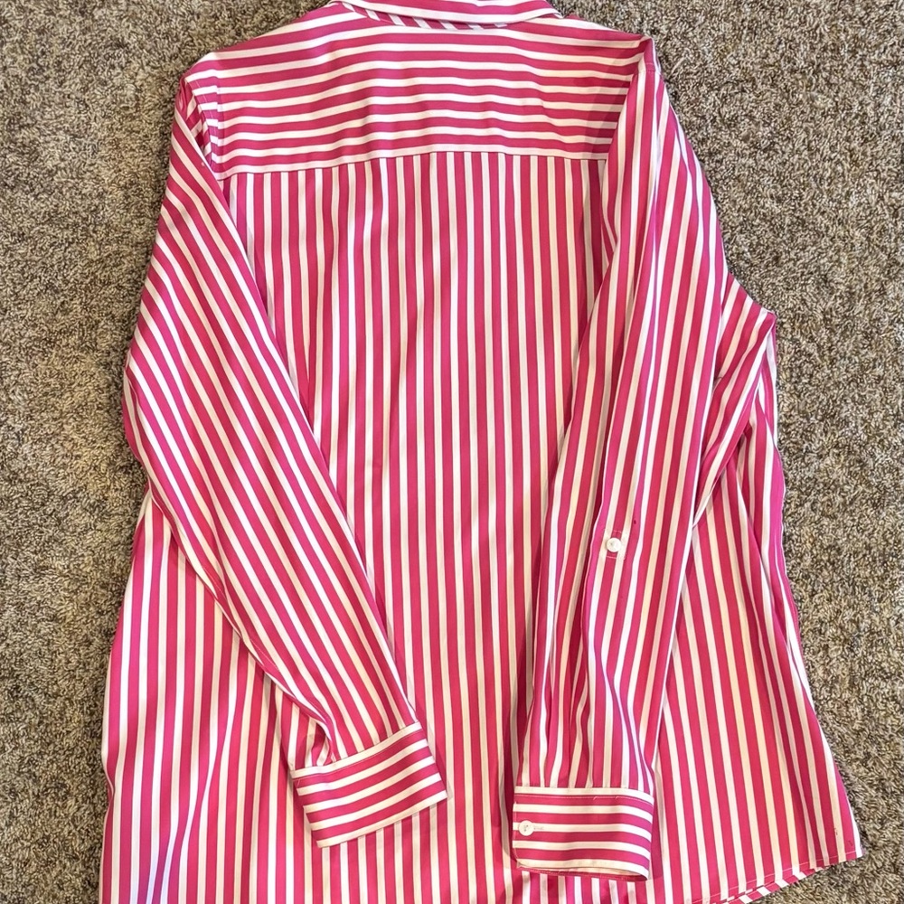 66. Foxcroft Women's Pink and White Striped Fitted Button Down Shirt - Picture 2 of 8